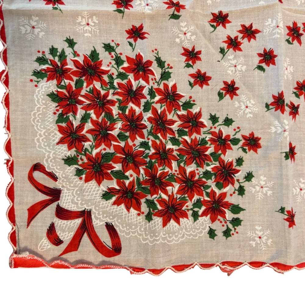 Vintage Christmas Handkerchief Poinsettia Snowflake‎ Scalloped Red White - Picture 2 of 9